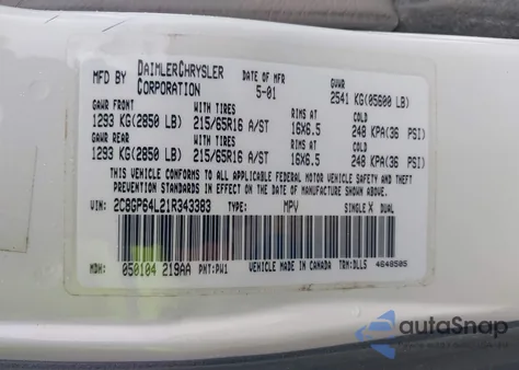 2001 Chrysler Town & Country Limited z USA, uszkodzony, nr VIN 2C8GP64L21R343383